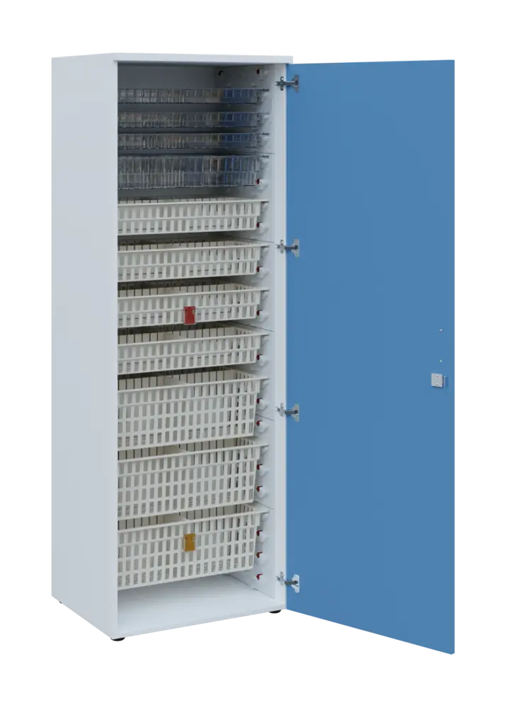 EUROMEDICA D - 66 skříň léková boxová, 1-dveřová, pravá, 1950x660x535, korpus bílý, dvířka pastelově modrá